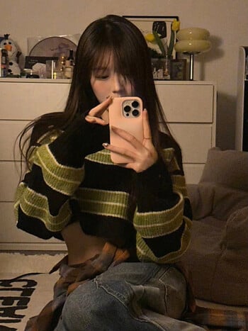 Autumun Y2k Sexy Girl Cropped Sweater Дамски тънък свободен пуловер на райета Korean Fashion Harajuku Streetwear Vintage Jumper Fairy