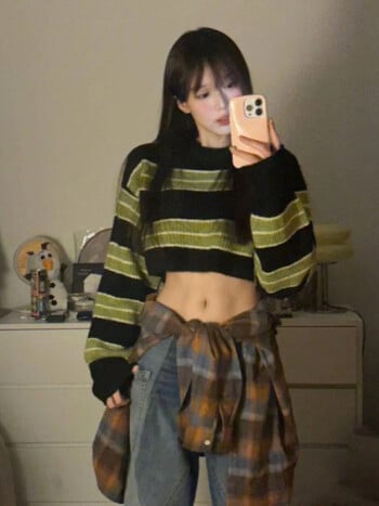 Autumun Y2k Sexy Girl Cropped Sweater Дамски тънък свободен пуловер на райета Korean Fashion Harajuku Streetwear Vintage Jumper Fairy