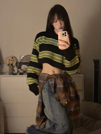 Autumun Y2k Sexy Girl Cropped Sweater Дамски тънък свободен пуловер на райета Korean Fashion Harajuku Streetwear Vintage Jumper Fairy