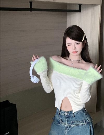 Puloveri s kosim ovratnikom Ženski krzneni jesenski s prorezima, lepršavi patchwork skraćeni pleteni pulover Seksi zgodne djevojke, meke, uske, ležerne