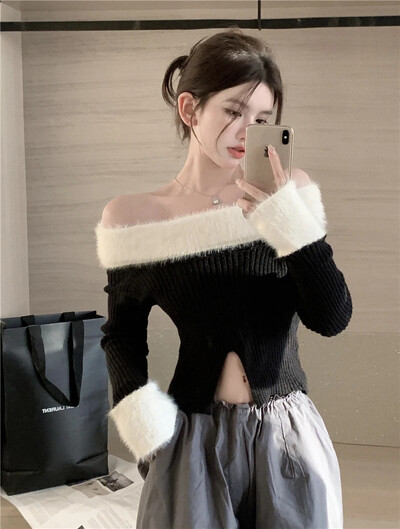 Puloveri s kosim ovratnikom Ženski krzneni jesenski s prorezima, lepršavi patchwork skraćeni pleteni pulover Seksi zgodne djevojke, meke, uske, ležerne