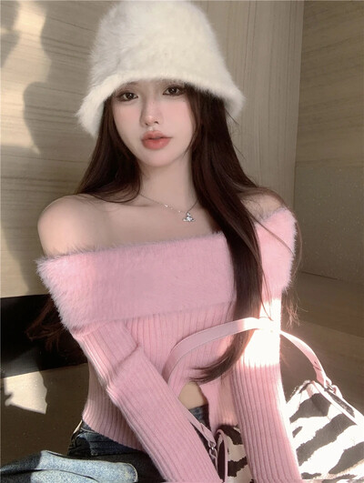 Puloveri s kosim ovratnikom Ženski krzneni jesenski s prorezima, lepršavi patchwork skraćeni pleteni pulover Seksi zgodne djevojke, meke, uske, ležerne