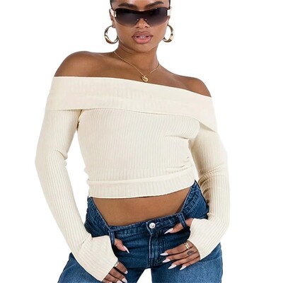 2024 Vintage rebrasti pleteni džemper dugih rukava s otvorenim ramenima pripijene kratke majice s rupom za palac Slatka pletena majica