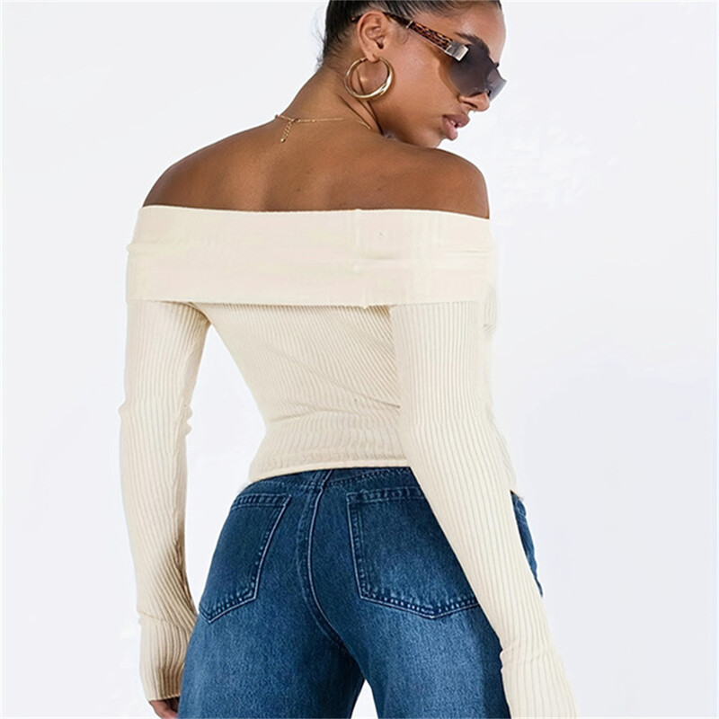 2024 Vintage rebrasti pleteni džemper dugih rukava s otvorenim ramenima pripijene kratke majice s rupom za palac Slatka pletena majica