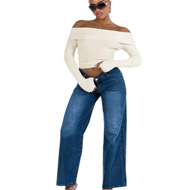 2024 Vintage rebrasti pleteni džemper dugih rukava s otvorenim ramenima pripijene kratke majice s rupom za palac Slatka pletena majica