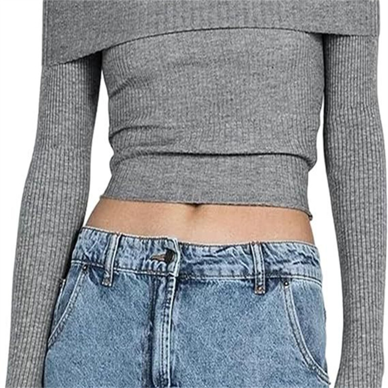 2024 Vintage rebrasti pleteni džemper dugih rukava s otvorenim ramenima pripijene kratke majice s rupom za palac Slatka pletena majica