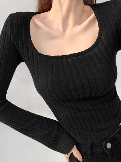 Jmprs Streetwear Vágott karcsú pulóverek női alkalmi szexi négyzet alakú kötött pulóverek őszi amerikai hosszú ujjú kiváló minőségű pulóverek