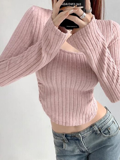 Jmprs Streetwear Vágott karcsú pulóverek női alkalmi szexi négyzet alakú kötött pulóverek őszi amerikai hosszú ujjú kiváló minőségű pulóverek