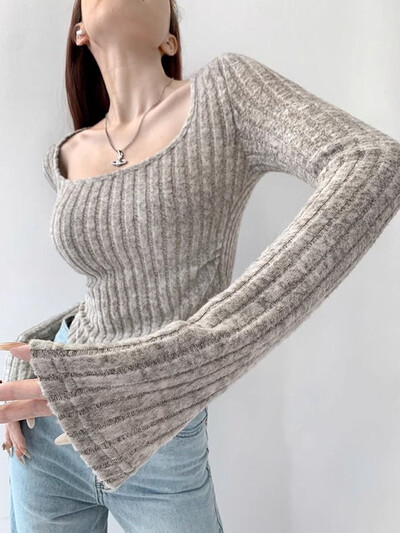 Jmprs Streetwear Vágott karcsú pulóverek női alkalmi szexi négyzet alakú kötött pulóverek őszi amerikai hosszú ujjú kiváló minőségű pulóverek