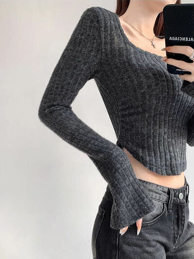 Jmprs Streetwear Vágott karcsú pulóverek női alkalmi szexi négyzet alakú kötött pulóverek őszi amerikai hosszú ujjú kiváló minőségű pulóverek