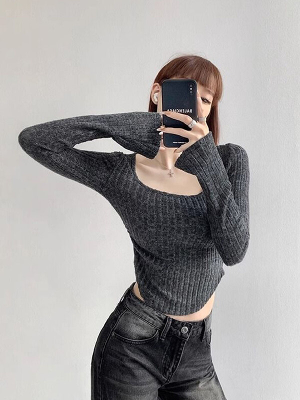 Jmprs Streetwear Vágott karcsú pulóverek női alkalmi szexi négyzet alakú kötött pulóverek őszi amerikai hosszú ujjú kiváló minőségű pulóverek