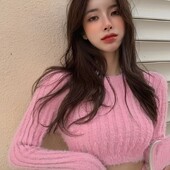 Ženski lepršavi pulover s O-izrezom, kratki pulover, kratki pulover Fuzzy pulover, uski pleteni pulover