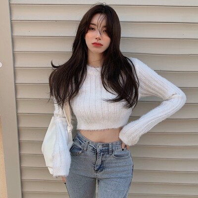 Ženski lepršavi pulover s O-izrezom, kratki pulover, kratki pulover Fuzzy pulover, uski pleteni pulover