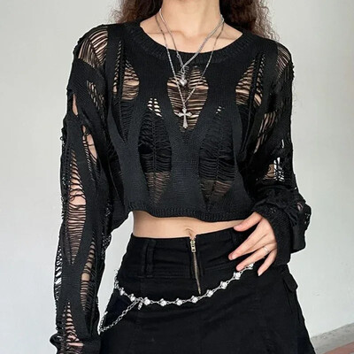 Topuri tricotate cu găuri rupte de epocă Pulover decupat la modă sexy, scobit, primăvară, toamnă, tricotaj