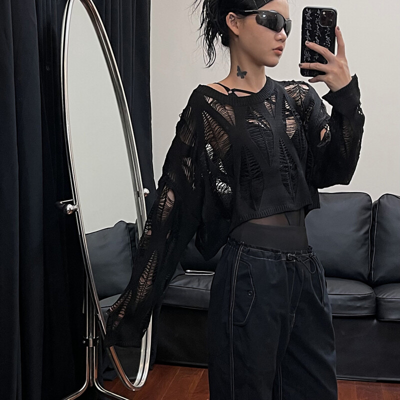 Vintage pletene majice s poderanim rukavima Seksi modni skraćeni pulover izdubljeni pulover proljeće jesen pletena odjeća