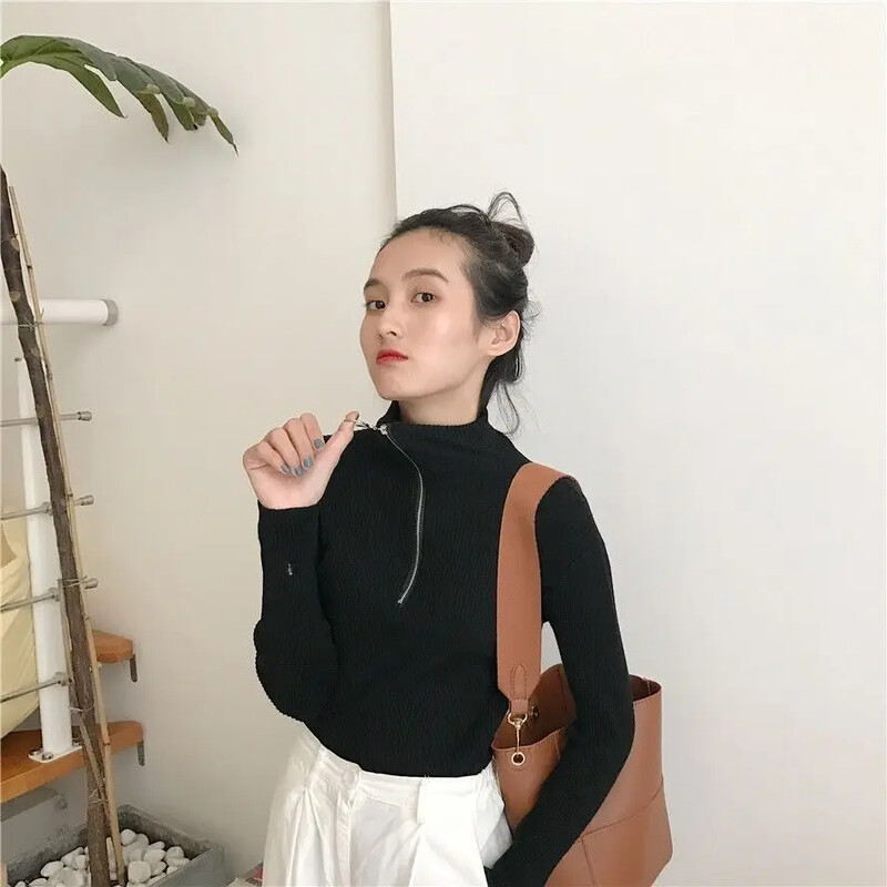 Ženski pleteni gornji sloj s mekim polo/kornjačinim izrezom Skraćeni pulover s patentnim zatvaračem Slims You Smooths Siluette Sleeve Jesen/zima