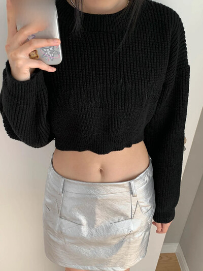 Paleo Leisure Jesen Novi dolazak Korejski vintage pulover s vezom u obliku slova visokog struka Skraćena pletena majica dugih rukava za žene