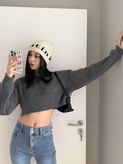 Paleo Leisure Jesen Novi dolazak Korejski vintage pulover s vezom u obliku slova visokog struka Skraćena pletena majica dugih rukava za žene