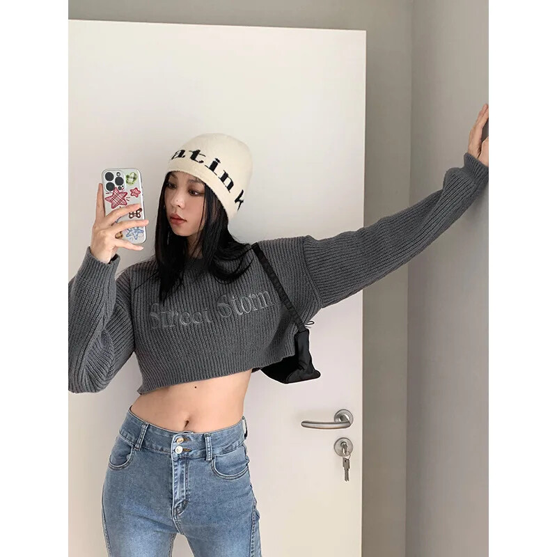 Paleo Leisure Jesen Novi dolazak Korejski vintage pulover s vezom u obliku slova visokog struka Skraćena pletena majica dugih rukava za žene