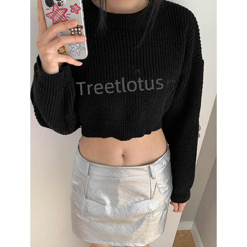 Paleo Leisure Jesen Novi dolazak Korejski vintage pulover s vezom u obliku slova visokog struka Skraćena pletena majica dugih rukava za žene