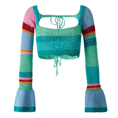 Ženski skraćeni pulover s dugim rukavima i dugim rukavima s četvrtastim izrezom Pletene majice Ljeto Jesen Boemska Y2K estetska odjeća Pletena odjeća