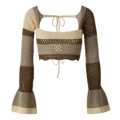 Ženski skraćeni pulover s dugim rukavima i dugim rukavima s četvrtastim izrezom Pletene majice Ljeto Jesen Boemska Y2K estetska odjeća Pletena odjeća