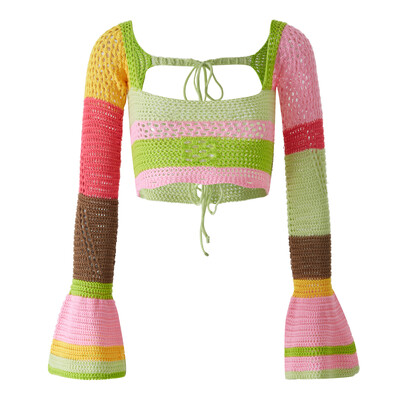 Ženski skraćeni pulover s dugim rukavima i dugim rukavima s četvrtastim izrezom Pletene majice Ljeto Jesen Boemska Y2K estetska odjeća Pletena odjeća