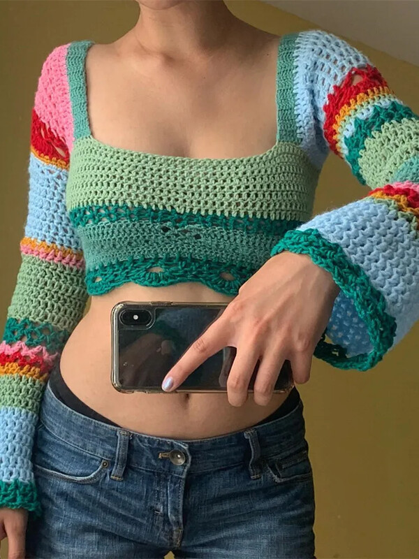 Ženski skraćeni pulover s dugim rukavima i dugim rukavima s četvrtastim izrezom Pletene majice Ljeto Jesen Boemska Y2K estetska odjeća Pletena odjeća