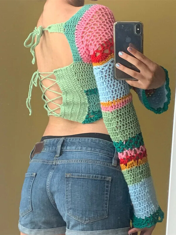 Ženski skraćeni pulover s dugim rukavima i dugim rukavima s četvrtastim izrezom Pletene majice Ljeto Jesen Boemska Y2K estetska odjeća Pletena odjeća