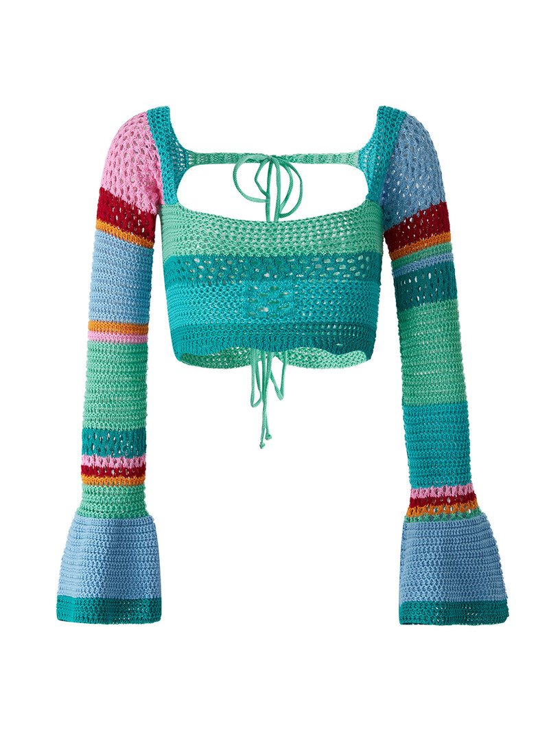 Ženski skraćeni pulover s dugim rukavima i dugim rukavima s četvrtastim izrezom Pletene majice Ljeto Jesen Boemska Y2K estetska odjeća Pletena odjeća