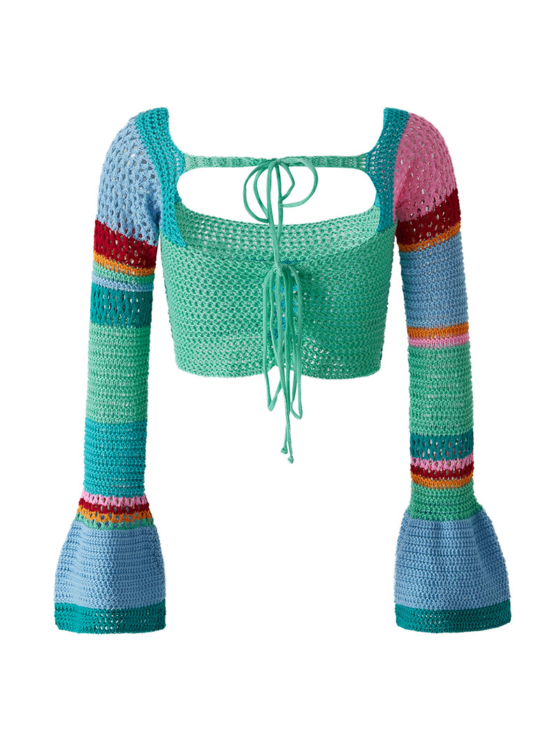 Ženski skraćeni pulover s dugim rukavima i dugim rukavima s četvrtastim izrezom Pletene majice Ljeto Jesen Boemska Y2K estetska odjeća Pletena odjeća