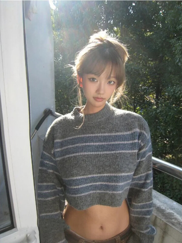 Rudens ziemas vintage svītrains apgriezts džemperis Sieviešu brīvs Harajuku džemperis Y2k Seksīga meitene korejiešu modes ielas apģērbs pasaku džemperis