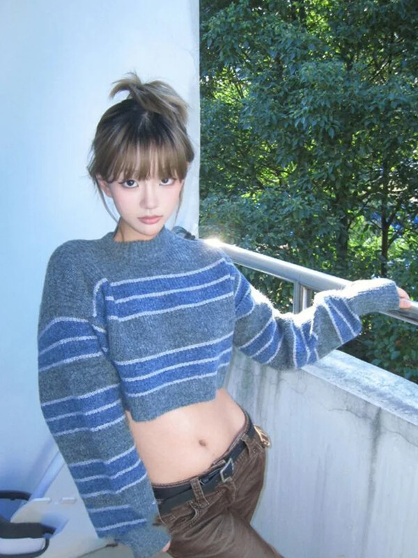 Rudens ziemas vintage svītrains apgriezts džemperis Sieviešu brīvs Harajuku džemperis Y2k Seksīga meitene korejiešu modes ielas apģērbs pasaku džemperis