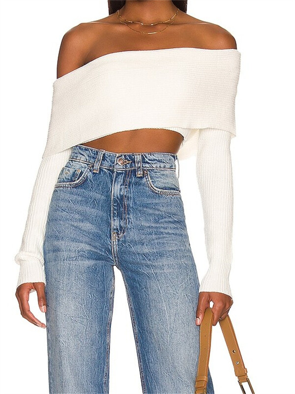 CHRONSTYLE Kevadsügis naiste silmkoelised kampsunid Crop Topid, pikkade varrukatega kaldkaelus, õlgadeta soliidsed klubirõivad, 2023. aasta pidulikud pulloverid