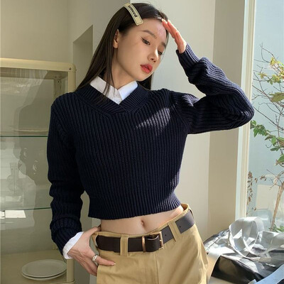 Preppy stil Plavi skraćeni pulover Ženski Harajuku Vintage Preveliki pleteni džemper Korejski ležerni pulover Y2K Majice Kpop