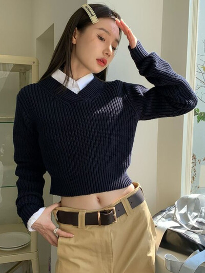 Preppy stila zils apgriezts džemperis sieviešu Harajuku vintage liela izmēra trikotāžas džemperis korejiešu ikdienas džemperis Y2K tops Kpop