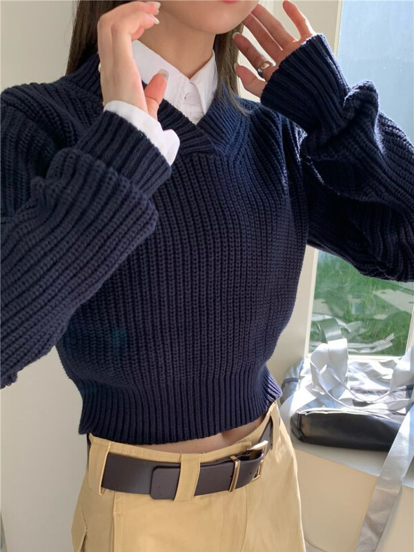 Preppy stil Plavi skraćeni pulover Ženski Harajuku Vintage Preveliki pleteni džemper Korejski ležerni pulover Y2K Majice Kpop