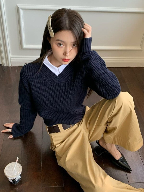 Preppy stil Plavi skraćeni pulover Ženski Harajuku Vintage Preveliki pleteni džemper Korejski ležerni pulover Y2K Majice Kpop