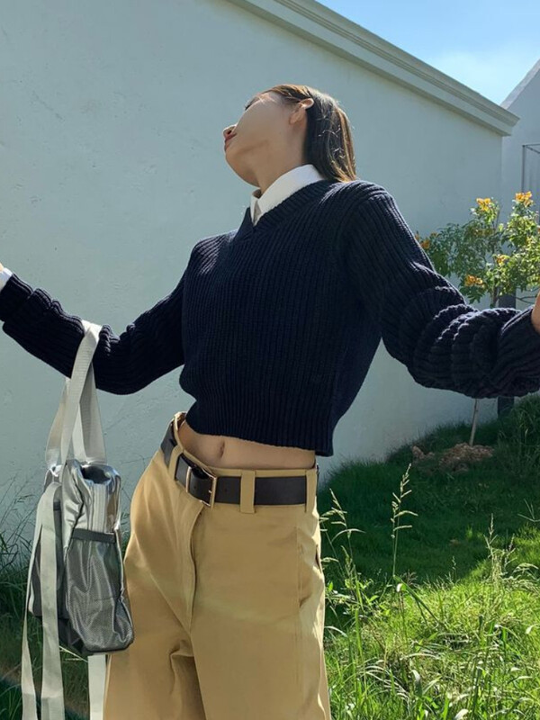 Preppy stil Plavi skraćeni pulover Ženski Harajuku Vintage Preveliki pleteni džemper Korejski ležerni pulover Y2K Majice Kpop