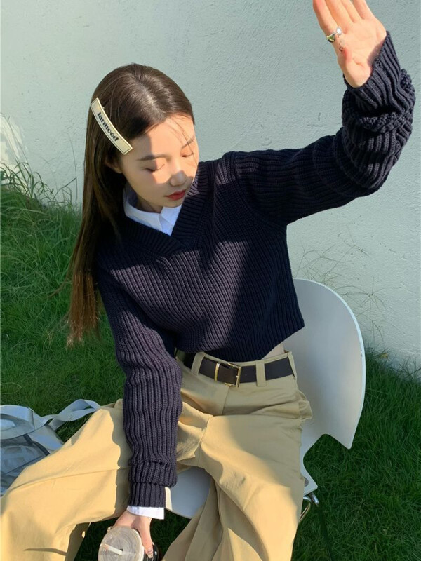 Preppy stil Plavi skraćeni pulover Ženski Harajuku Vintage Preveliki pleteni džemper Korejski ležerni pulover Y2K Majice Kpop