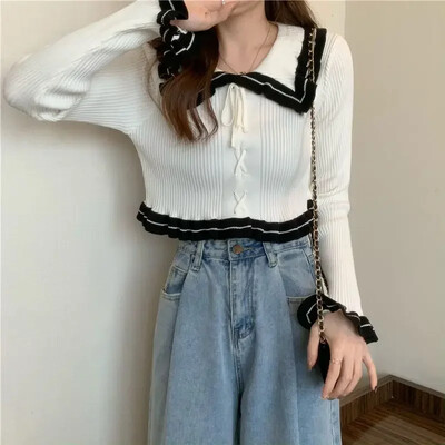 Pulover de damă negru cu nasturi de iarnă Kawaii cu decolteu rotund alb Topuri crop crop tricotate pentru femei Pulovere scurte Tricoturi noi Tall In