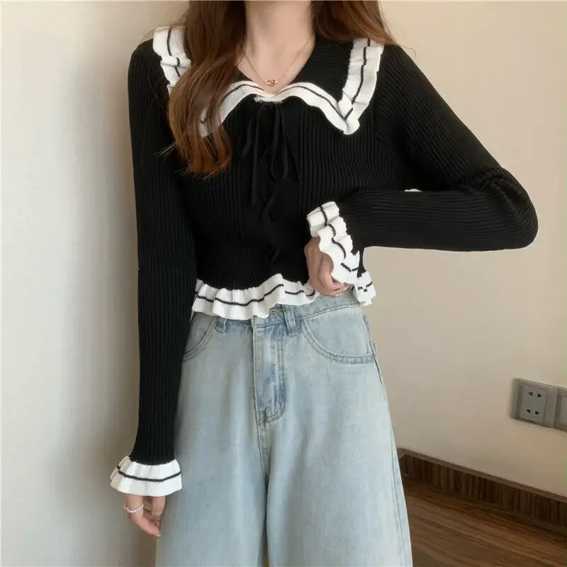 Pulover de damă negru cu nasturi de iarnă Kawaii cu decolteu rotund alb Topuri crop crop tricotate pentru femei Pulovere scurte Tricoturi noi Tall In