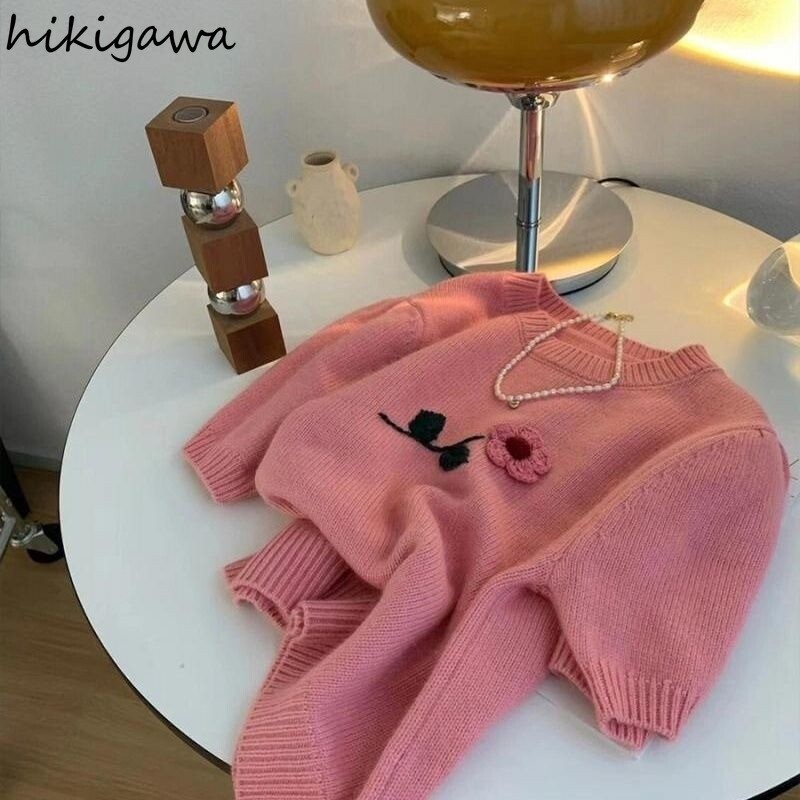 Mohäärist kampsun lühikesed kudumistopid Kärbitud sviitrid naistele Lillelised lühikeste varrukatega O-kaelusega džemprid Sueter Mujer Sweet Chic džemper