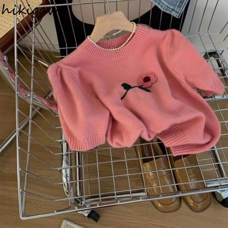 Mohäärist kampsun lühikesed kudumistopid Kärbitud sviitrid naistele Lillelised lühikeste varrukatega O-kaelusega džemprid Sueter Mujer Sweet Chic džemper