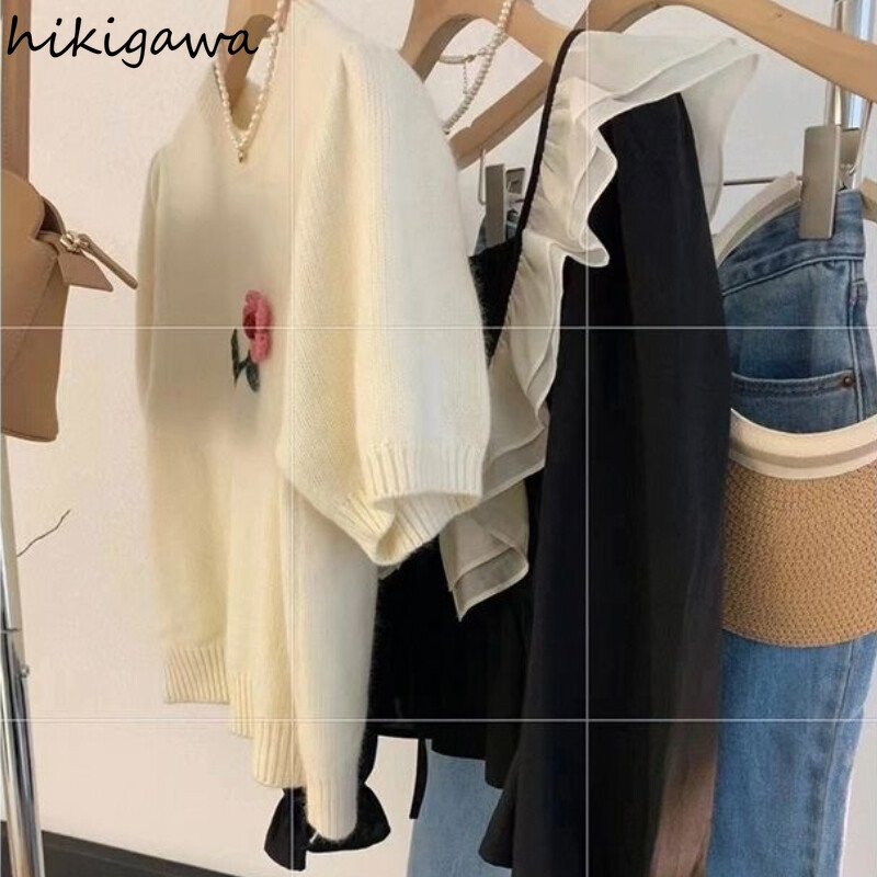 Mohäärist kampsun lühikesed kudumistopid Kärbitud sviitrid naistele Lillelised lühikeste varrukatega O-kaelusega džemprid Sueter Mujer Sweet Chic džemper