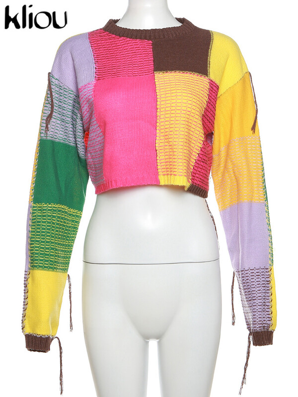kliou Pulover din toamnă pentru femei Bare Midriff Casual W23L36334 Fată Patchwork Colorate Crop Tops Miss Sweet Pulovere