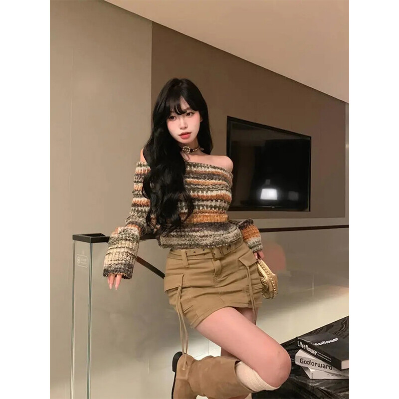 MEXZT Y2K csíkos, vágott pulóver, női slash nyakú, kötött pulóver Vintage Harajuku koreai vállból karcsú pulóver kötöttáru