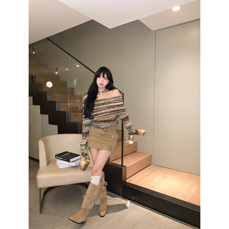 MEXZT Y2K csíkos, vágott pulóver, női slash nyakú, kötött pulóver Vintage Harajuku koreai vállból karcsú pulóver kötöttáru
