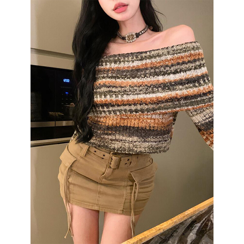 MEXZT Y2K csíkos, vágott pulóver, női slash nyakú, kötött pulóver Vintage Harajuku koreai vállból karcsú pulóver kötöttáru