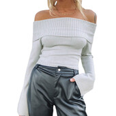 Sieviešu džemperi Trikotāžas Topi Pavasara Rudens Apģērbi 2000. gadu slaidi plecu topi ar garām piedurknēm Sieviešu apģērbi Ielu apģērbi